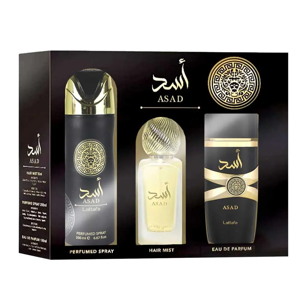 ESTUCHE LATTAFA ASAD HOMBRE 3PZS 100ML EDP + SPLASH + SPLASH DE CABELLO