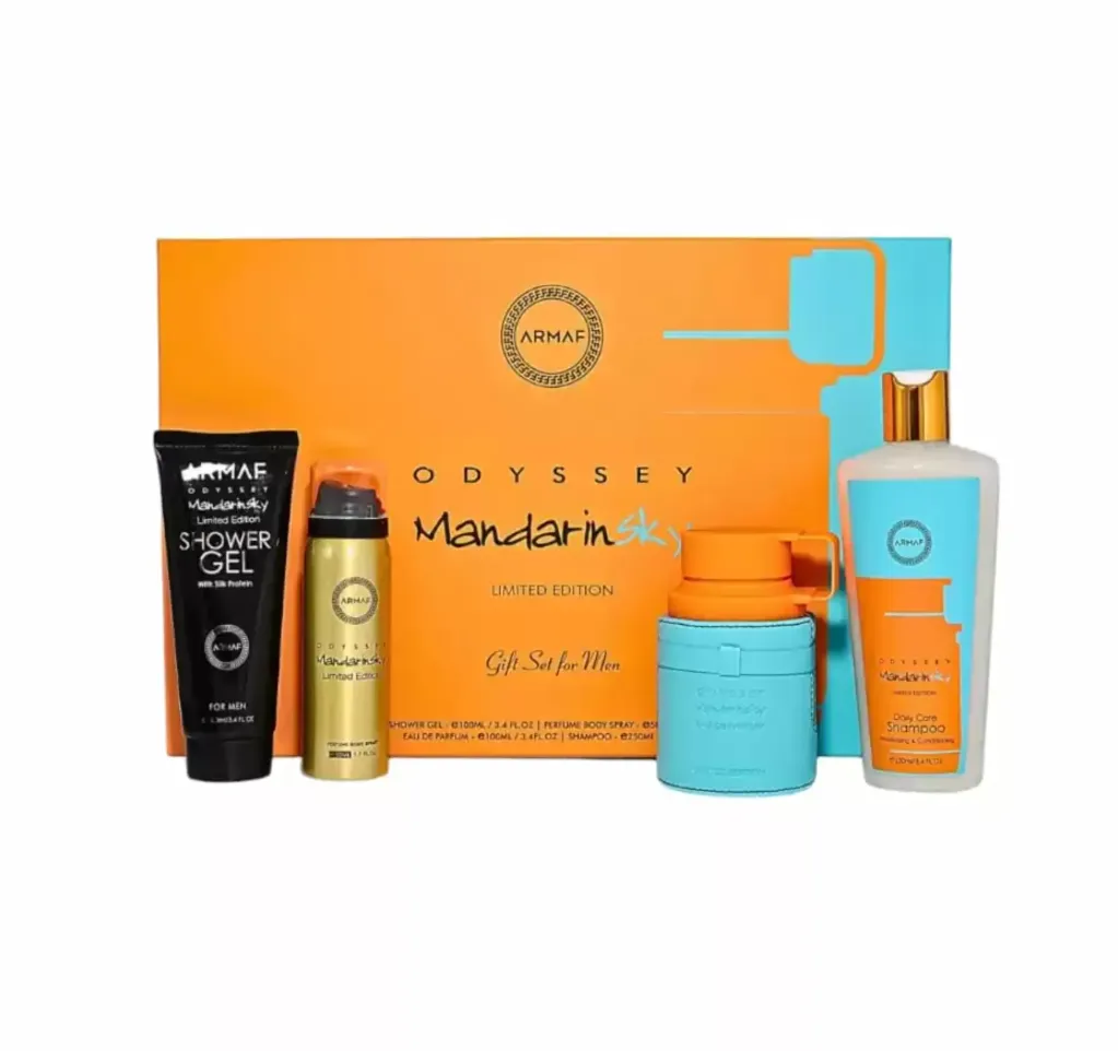 ESTUCHE ARMAF ODYSSEY MANDARIN SKY HOMBRE 4PZS 100ML EDP + SPLASH + SHAMPOO + GEL DE BAÑO